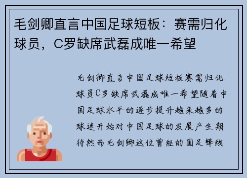 毛剑卿直言中国足球短板：赛需归化球员，C罗缺席武磊成唯一希望