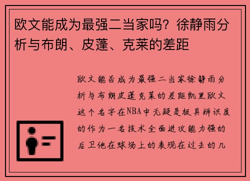 欧文能成为最强二当家吗？徐静雨分析与布朗、皮蓬、克莱的差距