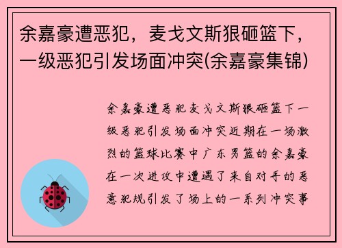 余嘉豪遭恶犯，麦戈文斯狠砸篮下，一级恶犯引发场面冲突(余嘉豪集锦)