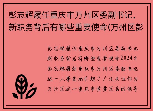 彭志辉履任重庆市万州区委副书记，新职务背后有哪些重要使命(万州区彭川)