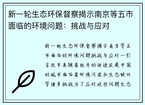 新一轮生态环保督察揭示南京等五市面临的环境问题：挑战与应对