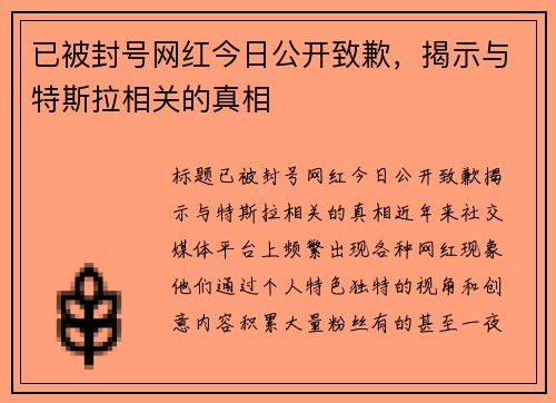已被封号网红今日公开致歉，揭示与特斯拉相关的真相