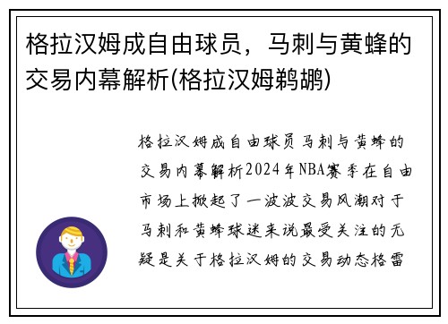 格拉汉姆成自由球员，马刺与黄蜂的交易内幕解析(格拉汉姆鹈鹕)