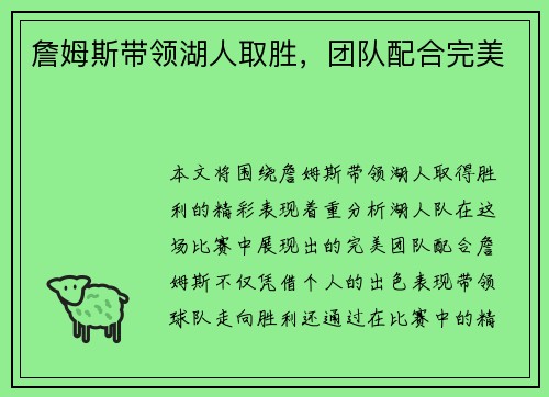 詹姆斯带领湖人取胜，团队配合完美